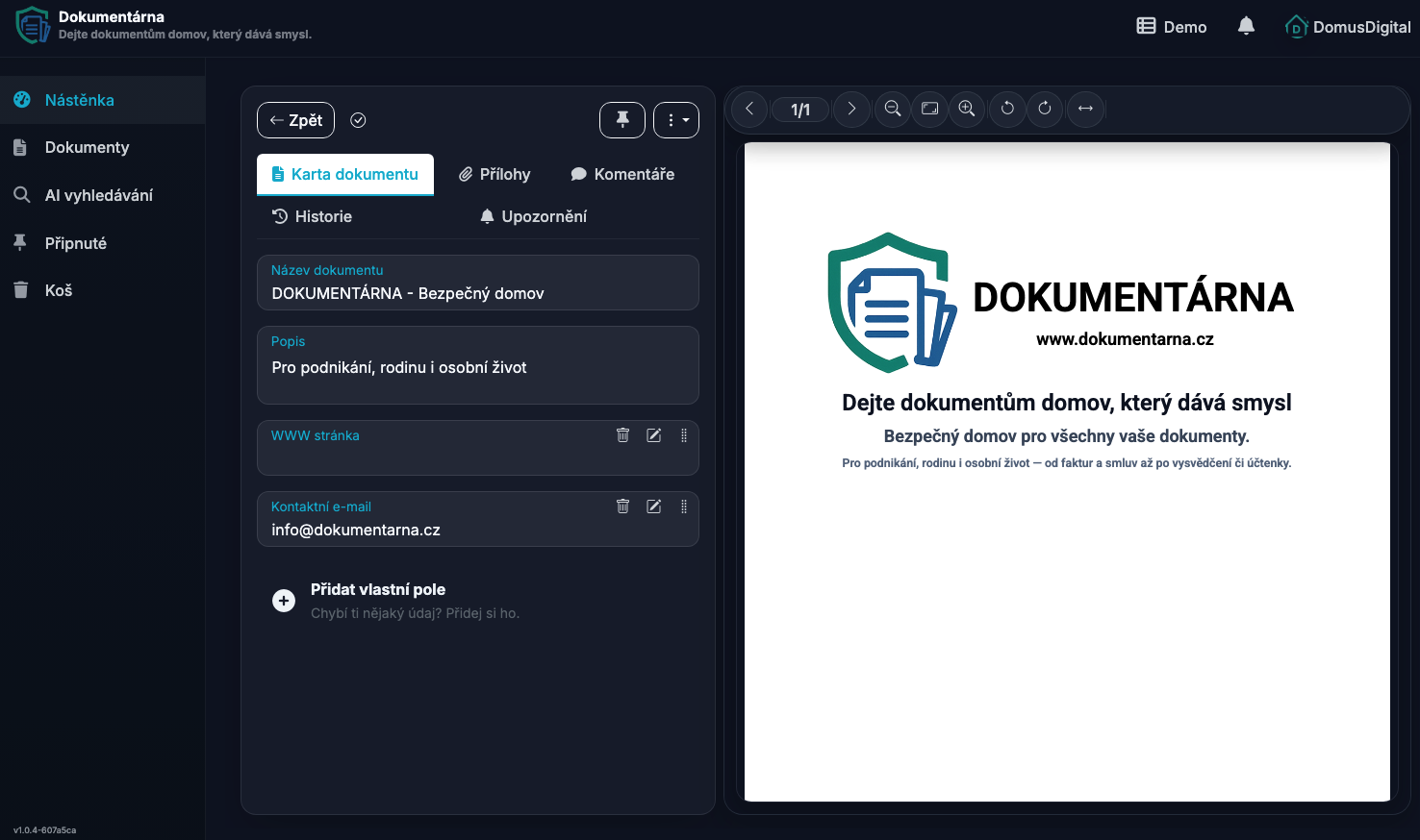 Detail dokumentu v aplikácii